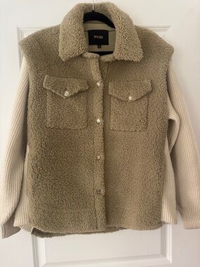 Maje Taupe Sherpa Shacket with Cream Rib-Knit Sleeves
